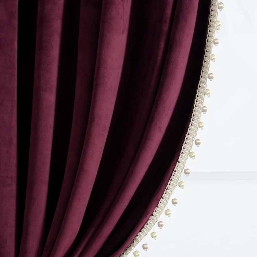 Lush Decor Luxury Vintage Velvet with Silky Pompom Trim Window Curtain Panel Plum Single 52X84, 84" L x 52" W, Plum