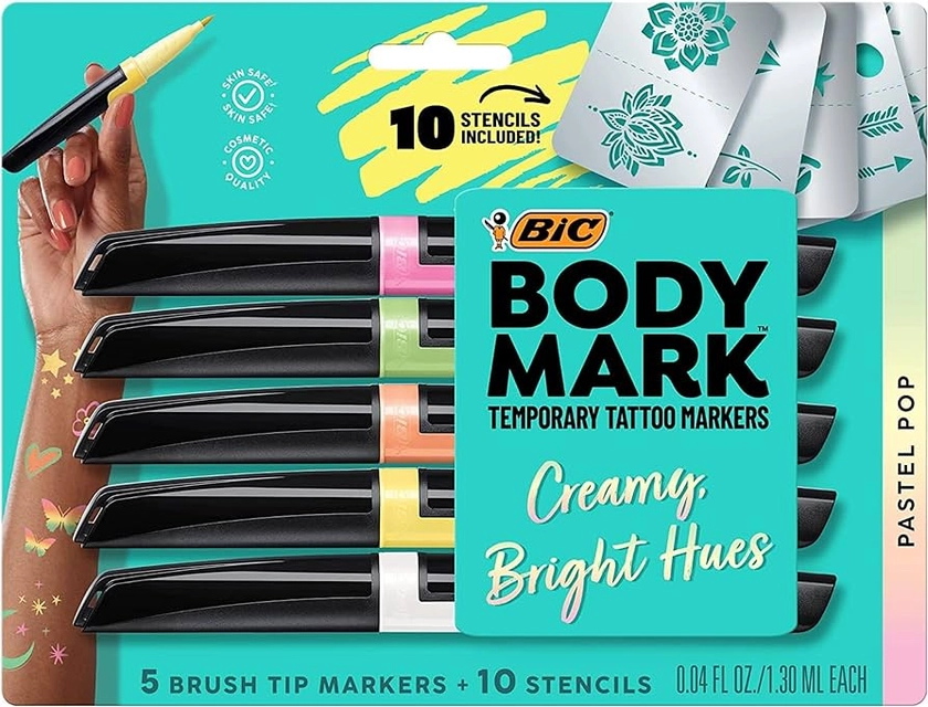 Amazon.com: BIC BodyMark Body Art Markers, Pastel Pop, Flexible Brush Tip, 5-Count Pack of Assorted Colors, Skin-Safe, Cosmetic Quality : Beauty & Personal Care