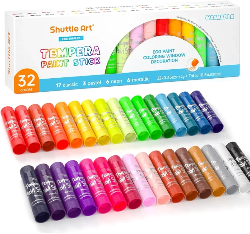 Tempera Paint Sticks, 32 Colors Solid Tempera Paint for Kids, Super Quick Drying, No-Toxic, Works Great on Paper Wood Glass Ceramic Canvas