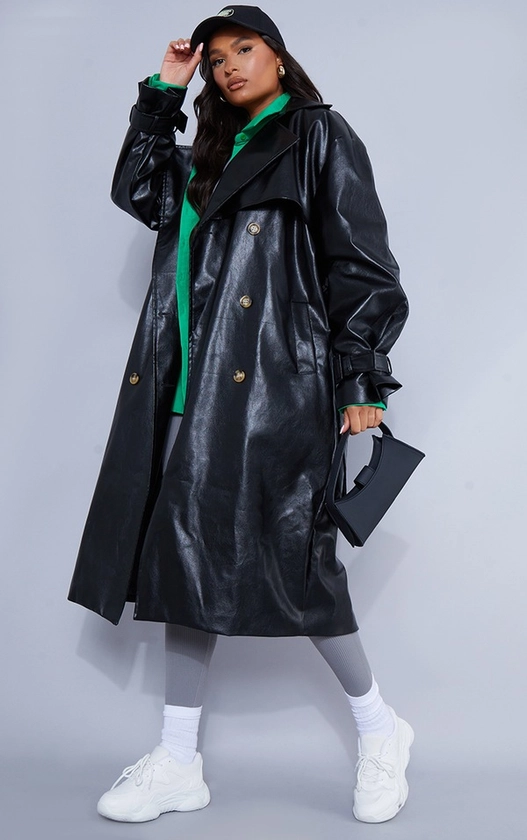 Black Faux Leather Oversized Belted Midi Trench