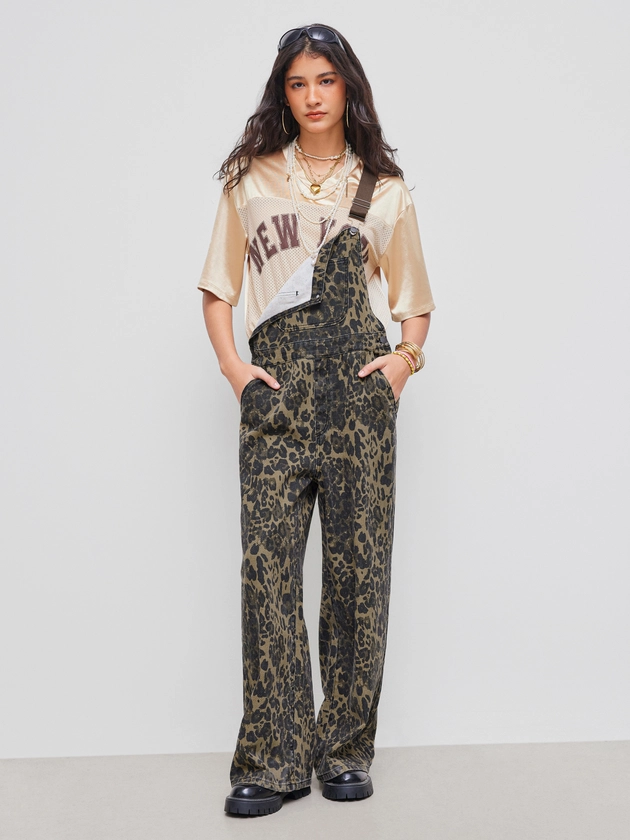 City Chic Denim Denim Leopard Pocket Buckle Up Wide Leg Oversized Jumpsuit For Daily Casual