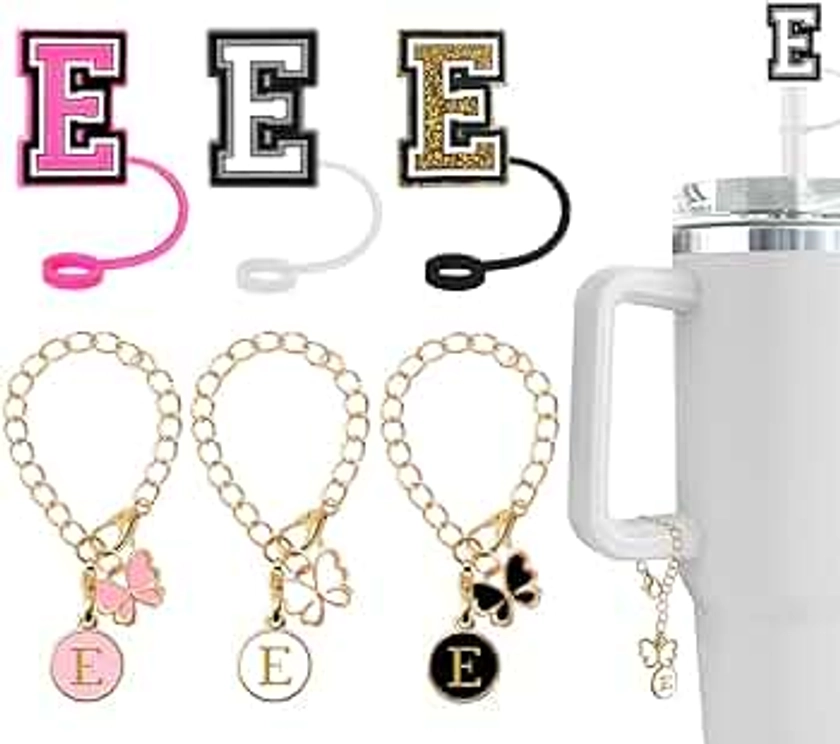 （3 +3) Nuozme Straw Cover Compatible with Stanley Tumbler Cup 3PCS Letter Straw Caps Toppers with 3 Initial Butterfly Charms Name ID For Stanley 30&40 Oz Cup