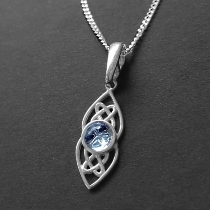 Dainty Silver Celtic Necklace With Blue Topaz