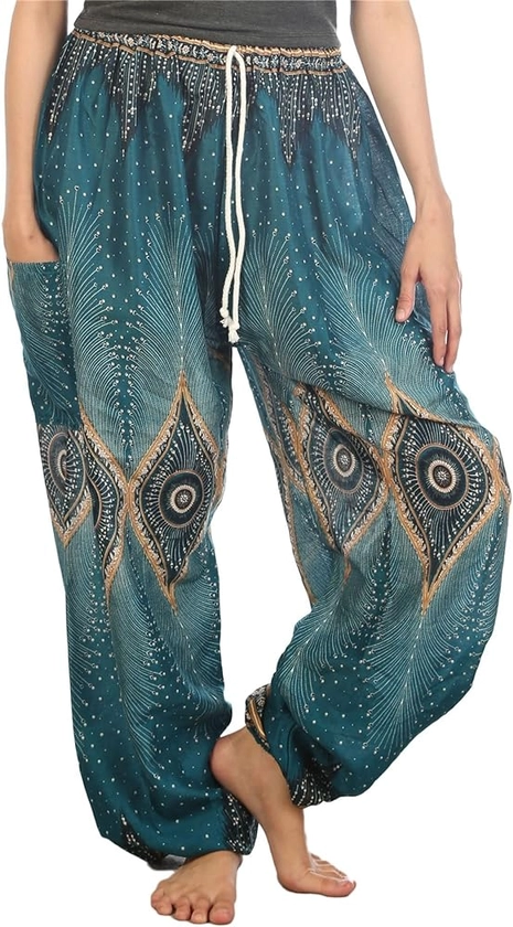 LOFBAZ Harem Pants for Women Yoga Boho Sweatpants Womens Hippie Bohemian Clothing Palazzo Beach Clothes Casual Pajama Diamond Teal Green Medium at Amazon Women’s Clothing store