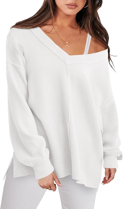 ANRABESS Oversized Long Sleeve Shirts for Women Off the Shoulder Sweatshirt Loose V Neck Tunic Tops High Low Sweater 2024