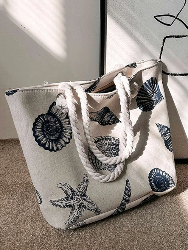 Fashionable Large Capacity Tote Bag With Shell & Starfish Pattern