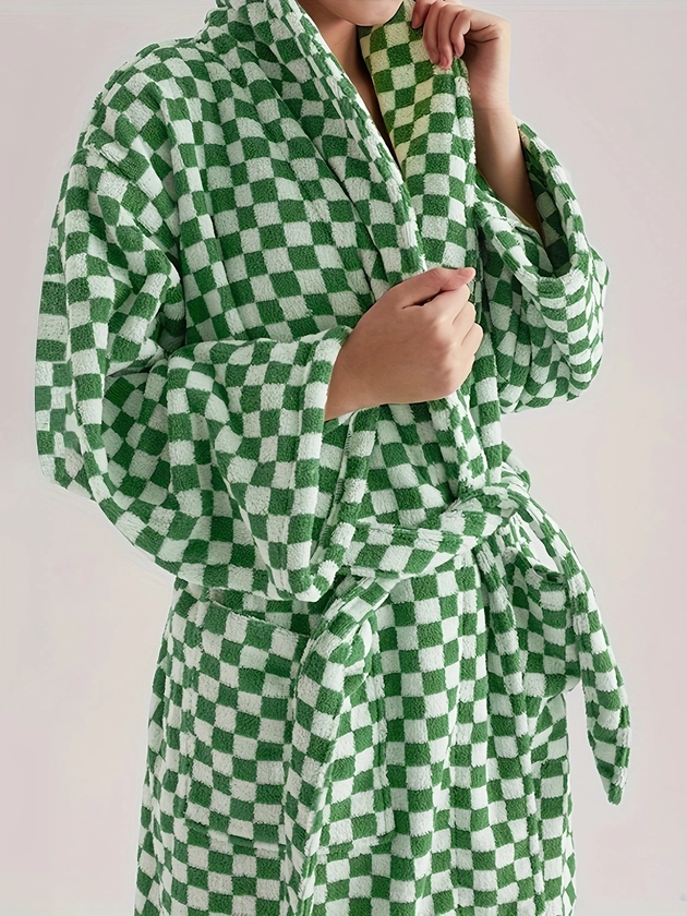 Men's Comfy Checkerboard Pattern Fleece Robe Home Pajamas - Temu Canada