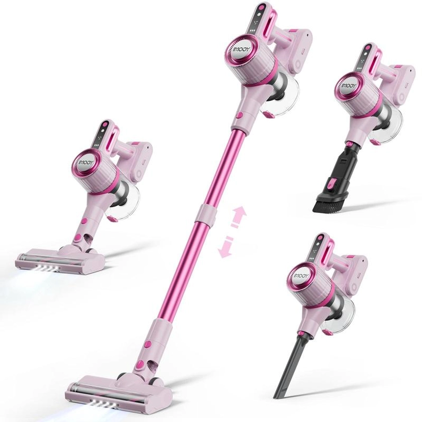 Cordless Vacuum Cleaner - IMOOY Pink Vacuum for Home with 80000 RPM High, 8-in-1 Lightweight Stick Vacuum, Rechargeable Battery, Up to 40 Mins Runtime, for Carpet and Hard Floor Pet Hair