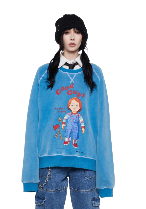 Dolls Kill x Chucky Oversized Washed Sweatshirt - Blue