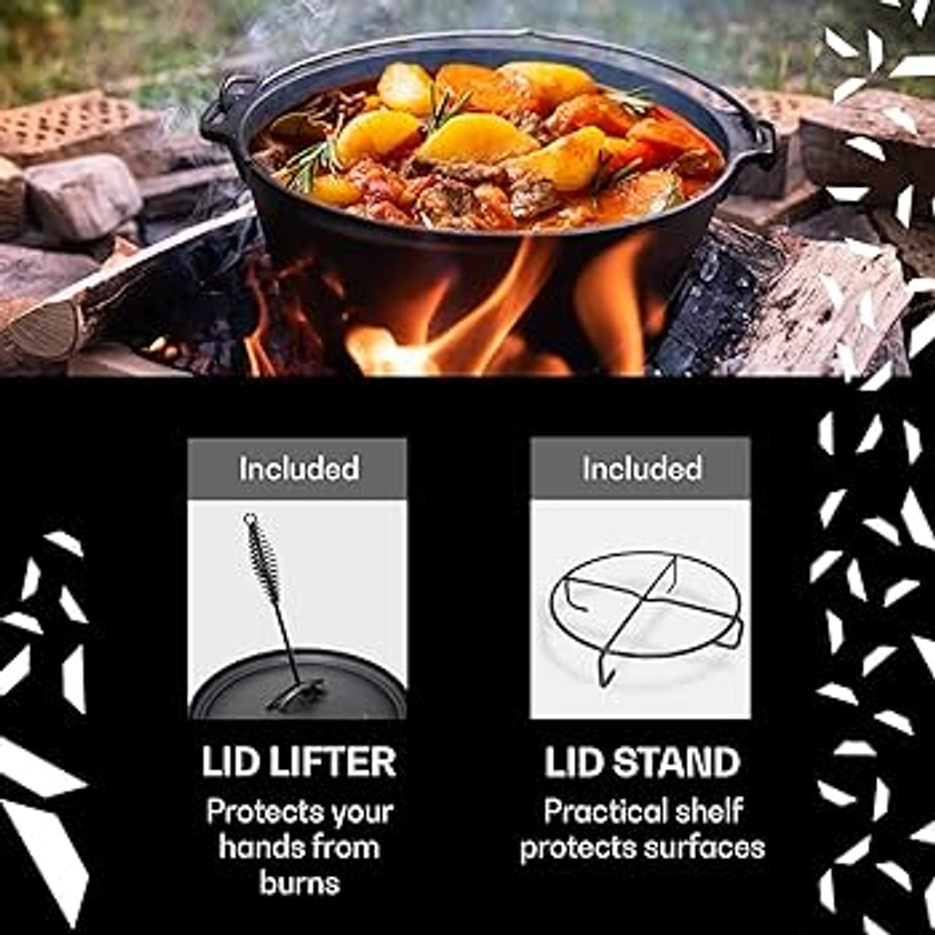 Big BBQ Dutch-Oven Guernsey 6.0 made of cast iron | ready-baked 12-piece cast iron cooking pot | 5.7 litre fire pot with lid lifter, lid stand or pot stand | roaster with feet