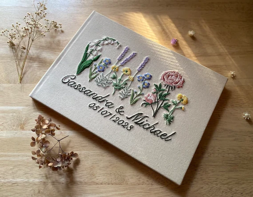 Custom Embroidered Guestbook/Memory Book - Unique Flower Garden Design - Pick Your Flowers!
