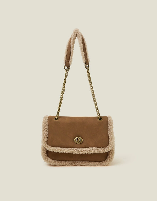 Shearling Trim Chain Cross-Body Bag