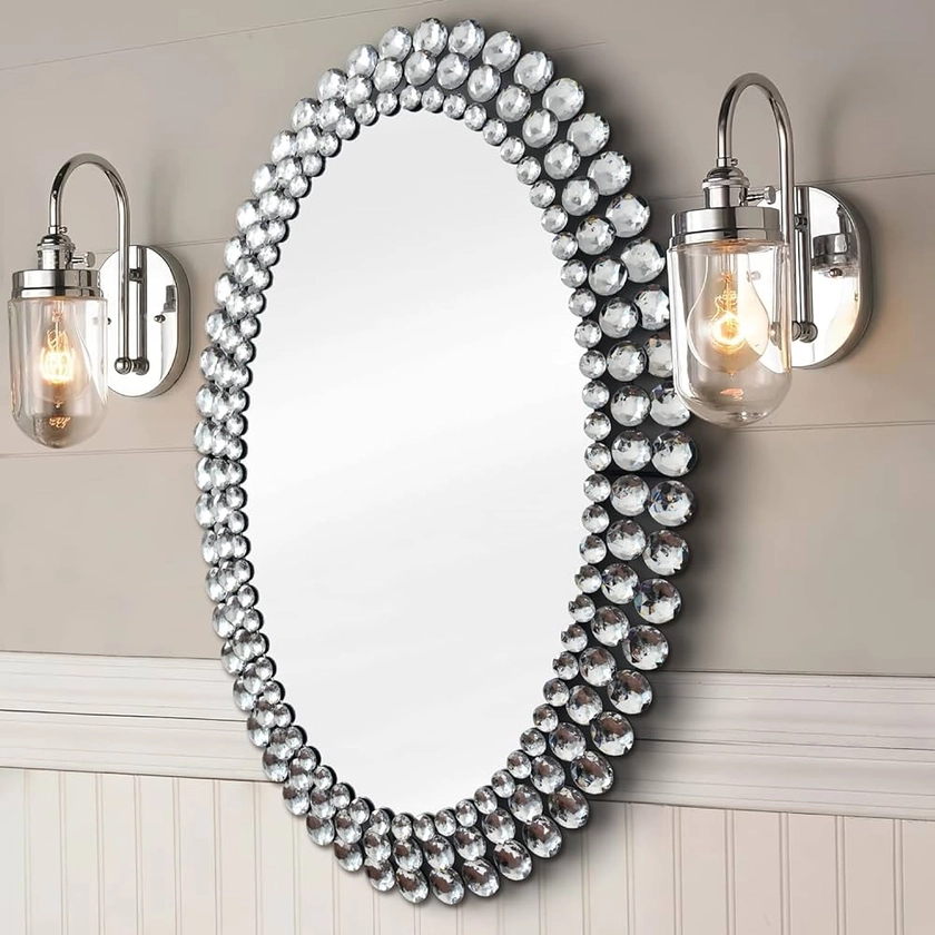 JACUKO Oval Wall Mirror Decorative- Rhinestone Accent Jeweled Wall Mirror Art Venetian Mirror for Living Room/ Bathroom/ Bathroom/ Entryway/ Passageway 23.6*35.4 in