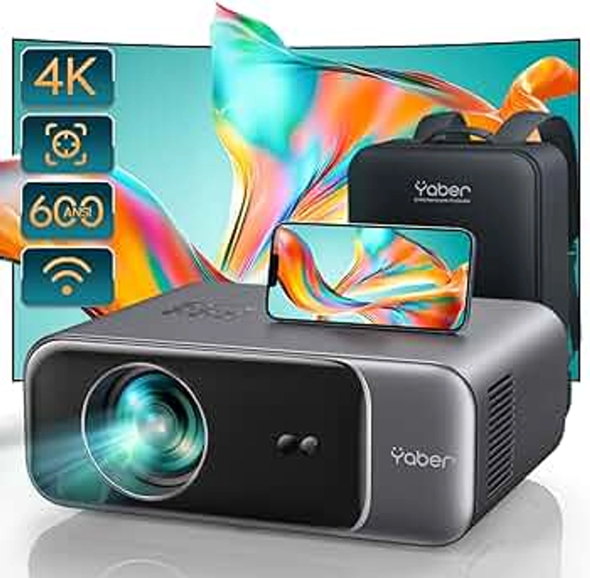 [Auto Focus/Keystone] Projector 4K with WiFi-6 and Bluetooth 5.2, 600 ANSI Native 1080P Outdoor Projector, YABER V9 Portable Projector Auto 6D Keystone 50% Zoom, Home Projector for iOS/TV Stick/PC/PS5