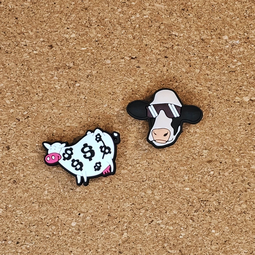 Croc Charm Pin Badge cows with dollars, Farm Animal, cow with cool sunglasses, clog charm