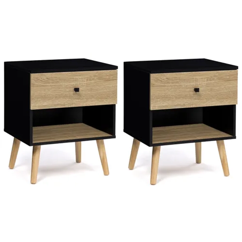 Lot De 2 Tables De Chevet Emmie Scandinaves 1 Tiroir Avec Niche Noir Et Hêtre