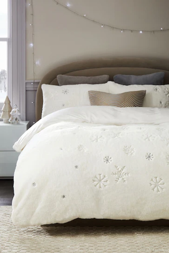 Buy White Embroidered Snowflake Plush Faux Fur Duvet Cover and Pillowcase Set from the Next UK online shop