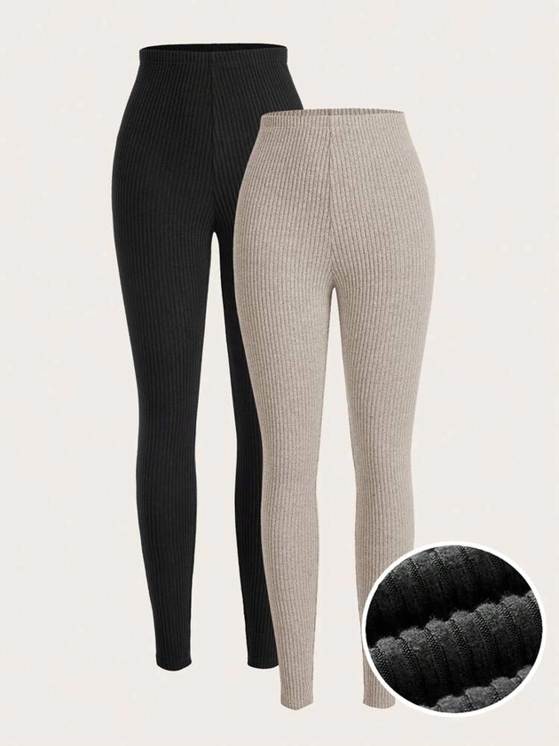 SHEIN EZwear Leggings tricotés à la taille élastique de couleur unie bicolore | Mode en ligne | SHEIN FRANCE