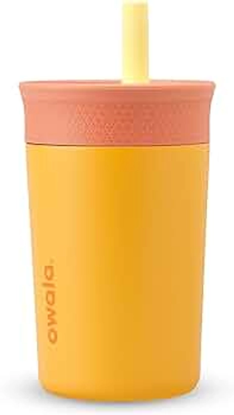 Owala Kids Insulation Stainless Steel Tumbler with Spill Resistant Flexible Straw, Easy to Clean, Kids Water Bottle, Great for Travel, Dishwasher Safe, 12 Oz, Peach and Yellow (Picnic)