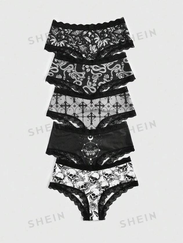 ROMWE Goth 6pack Floral Lace Scallop Trim Panty