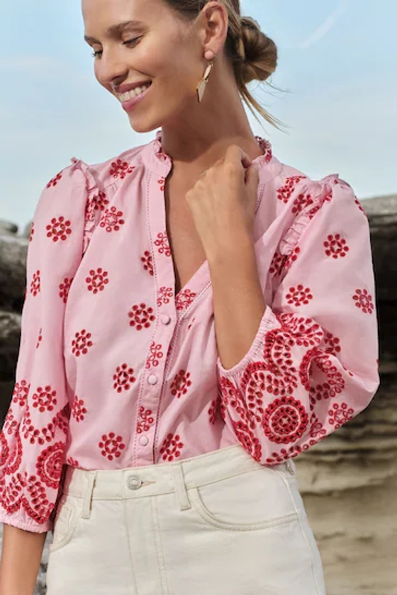 Buy Love & Roses Pink and Red Broderie Ruffle V Neck 3/4 Sleeve Button Up Blouse from the Next UK online shop