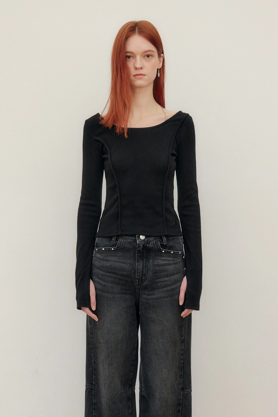 CHAIN RIBBED U-NECK TOP - BLACK