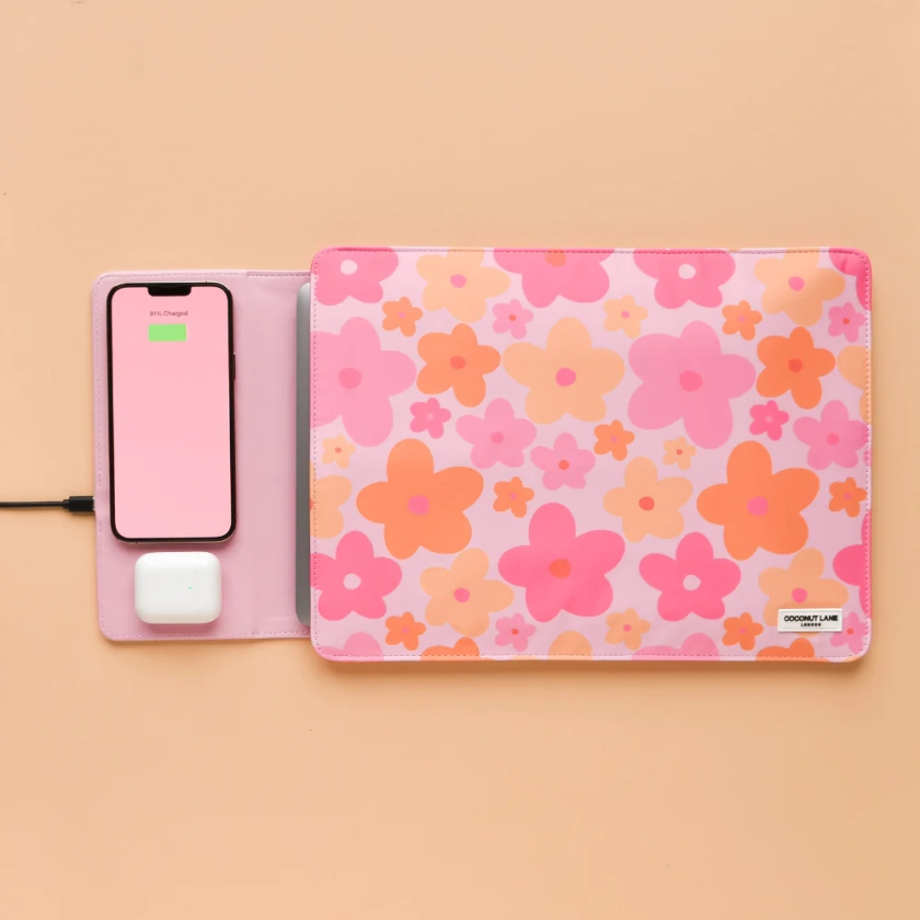 Wireless Charging Laptop Sleeve - Pink & Orange Bloom