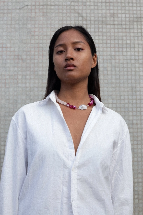 Candy Agate and Rose Quartz necklace with Silver shell — Sicels 