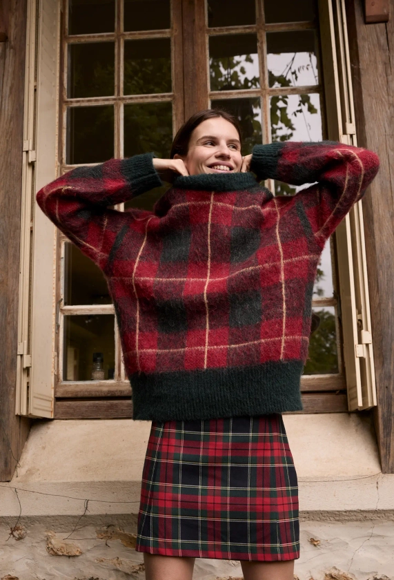 Pull manches longues à carreaux ROUGE pour femme MONOPRIX PREMIUM