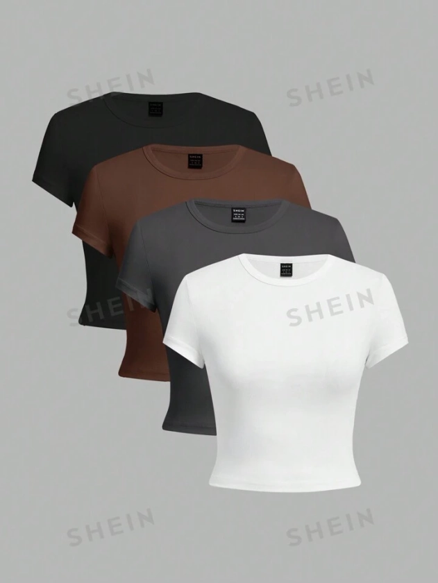 SHEIN EZwear Ensemble décontracté de quatre pièces, T-shirt slim à manches courtes pour femmes raccourci pour l
