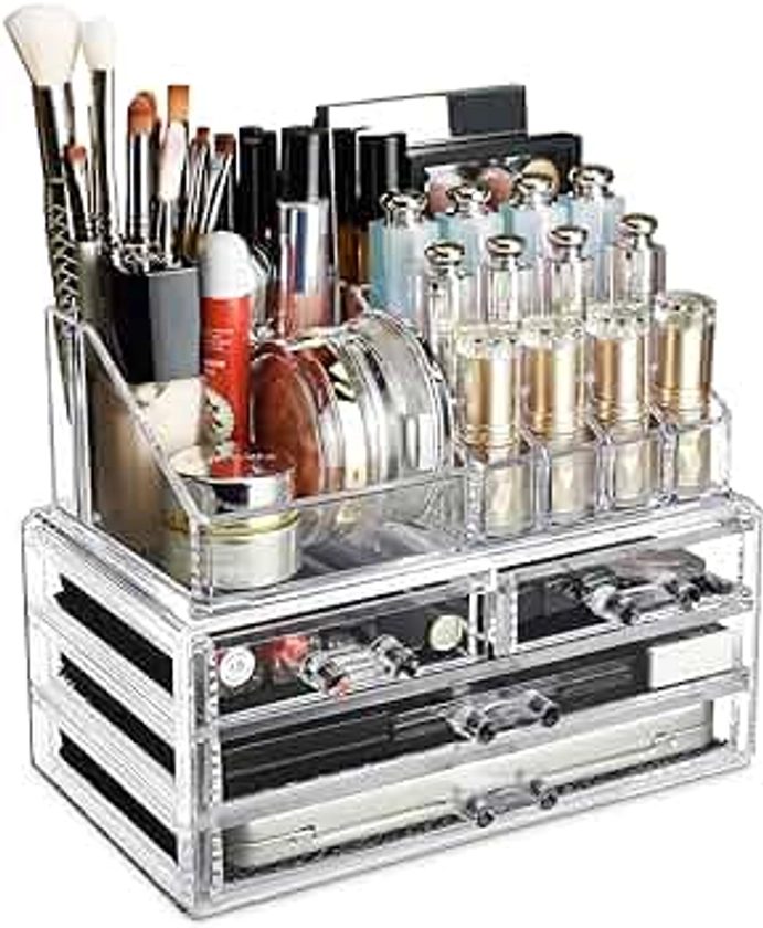 Ikee Design Acrylic Makeup Organizer with 4 Drawers and Removable Top Lipstick Holders, Ideal for Make-up or Accessories,Enhance Your Vanity or Bathroom with Clear Design for Quick Visibility