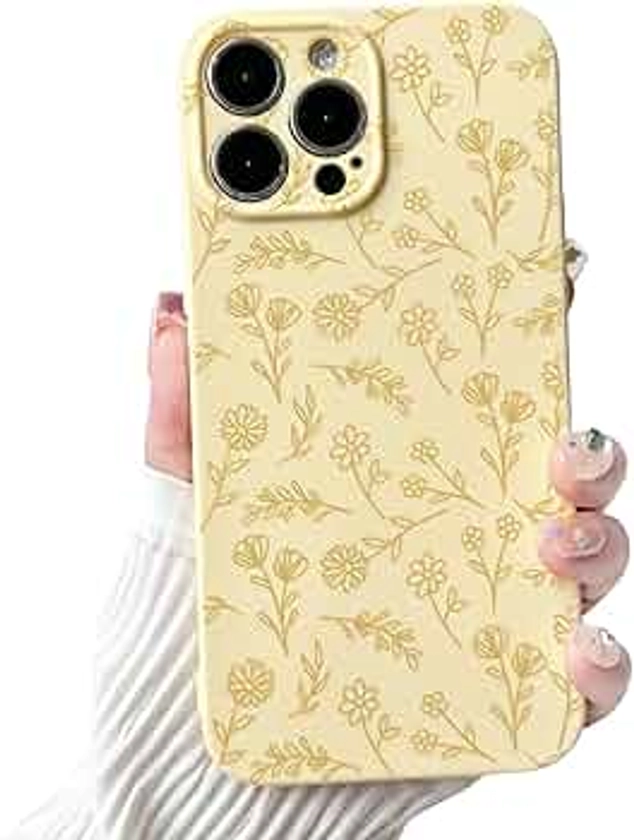 NITITOP Compatible with iPhone 14 Pro Case Cute for Women Girl Vintage Flower Floral Leaves Pattern Trendy Slim Fit TPU Silicone Shockproof Girly Fashion Protective Phone - Yellow