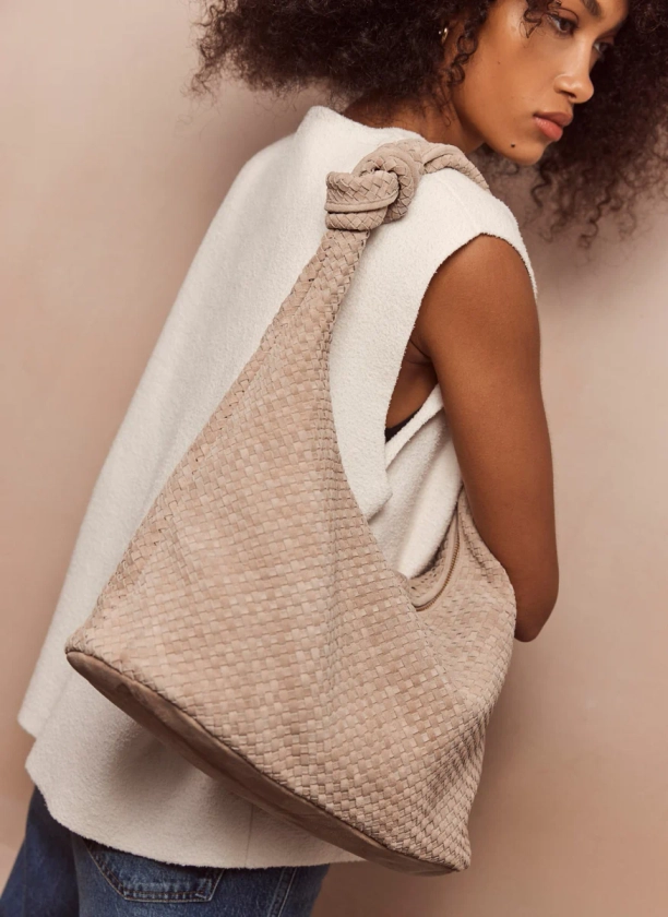 Neutral Suede Woven Knot Handle Bag