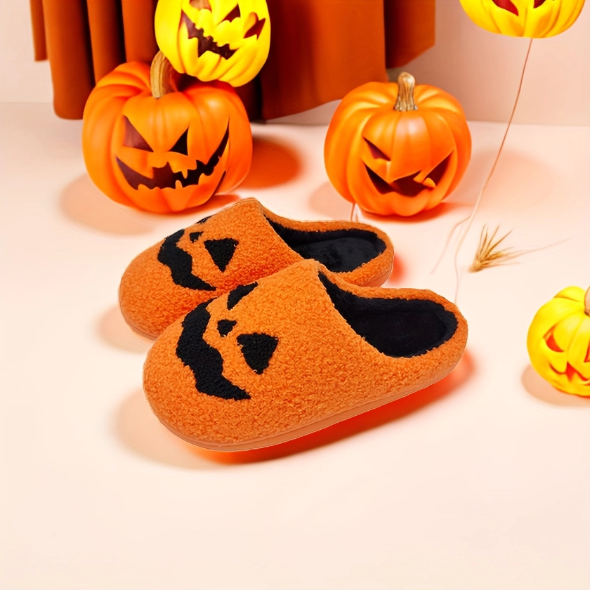 Halloween Pumpkin Pattern Slippers, Casual Slip On Plush Lined Slippers, Comfortable Indoor Home Shoes