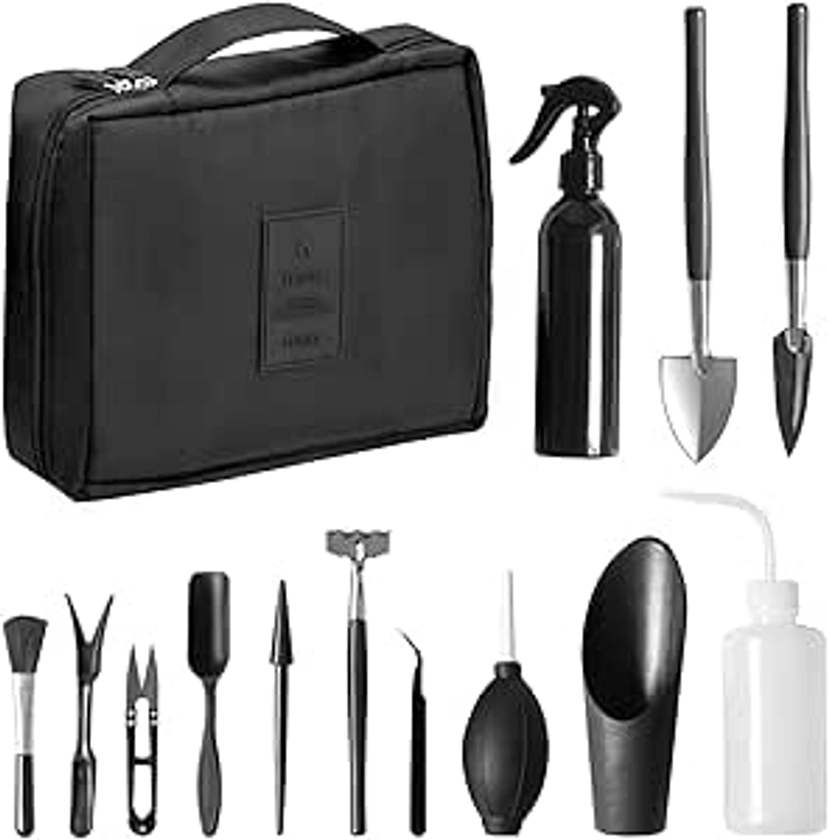 iYinJuan Kit d'outils pour Bonsai, Mini Outils de Jardinage pour Les Plantes d'intérieur, Lot de 13 Outils en Acier Carbone pour Plantes Succulentes Transplantation à la Main, avec Sac de Rangement