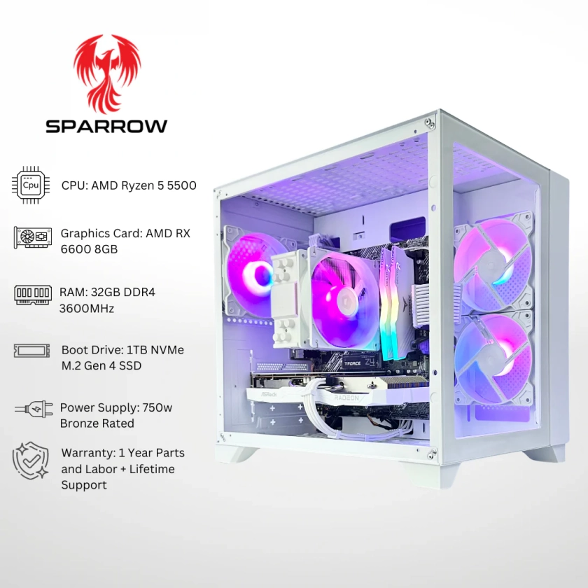 White Sparrow AMD RX 6600 Ryzen 5 5500 32GB RAM 1TB SSD DDR4 RGB Gamin