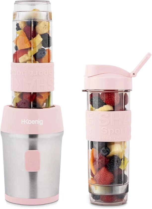 H.Koenig SMOO12 Portable Compact Mini Smoothie Blender 570ml BPA Free Powerful 300W, Smoothies Blender 2 Portable Bottles, 4 Stainless Steel Blenders, Pastel Pink