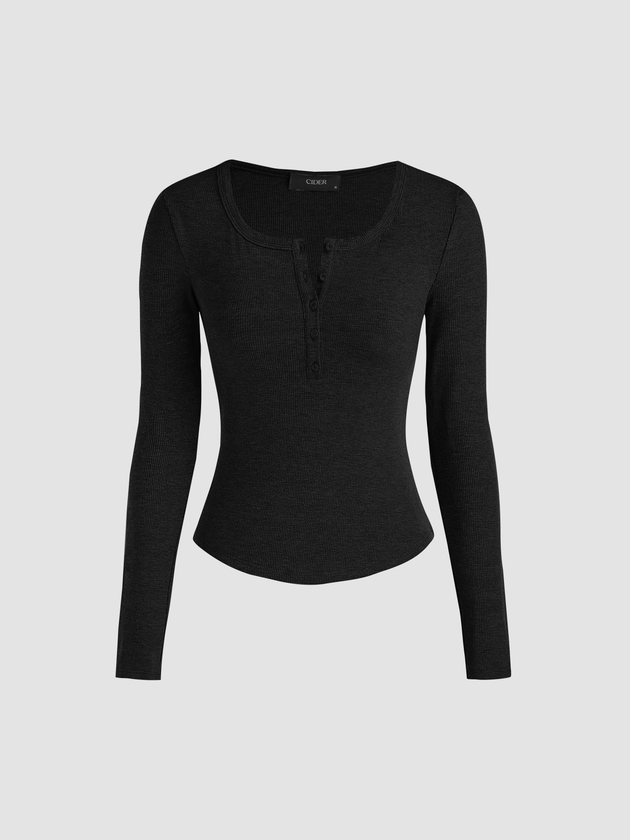 Solid Rib V-neck Long Sleeve Tee For Daily Casual