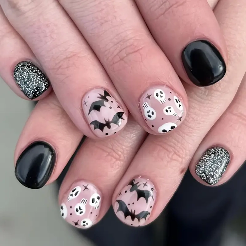 Halloween Press Nails Set Bat Skull - Temu