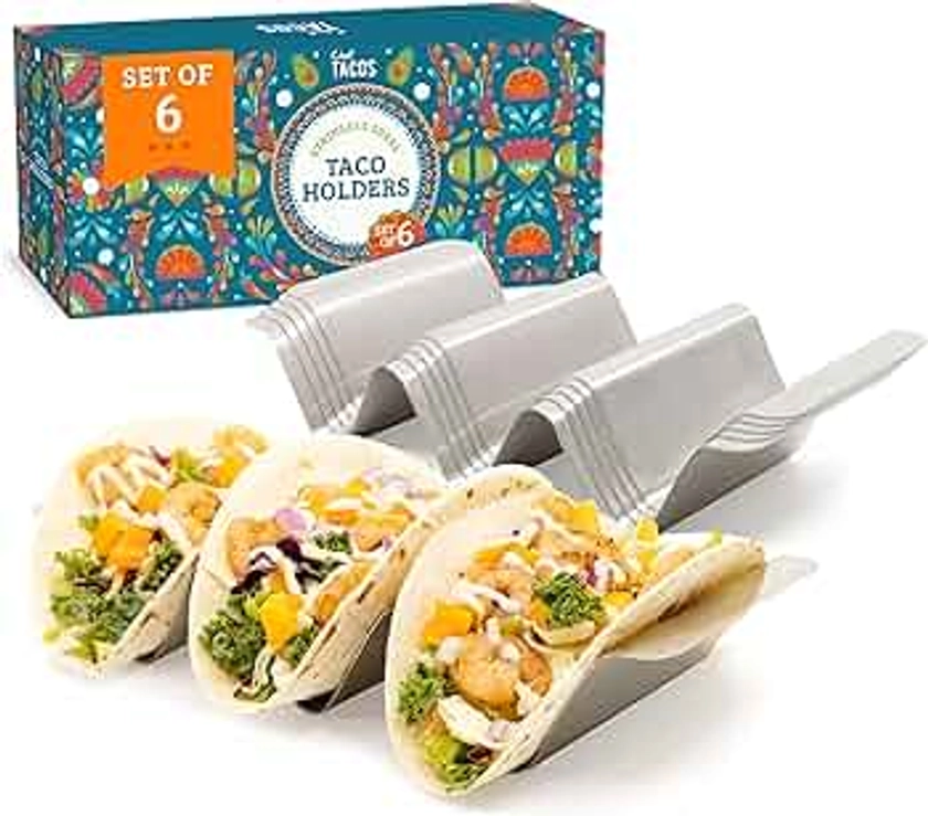 Chef Tacos Stainless Steel Taco Holder Set of 6 - Taco Holder Stand with Handles, Dishwasher and Grill Safe Taco Rack, Taco Serving Set, BPA-Free Metal Taco Stand