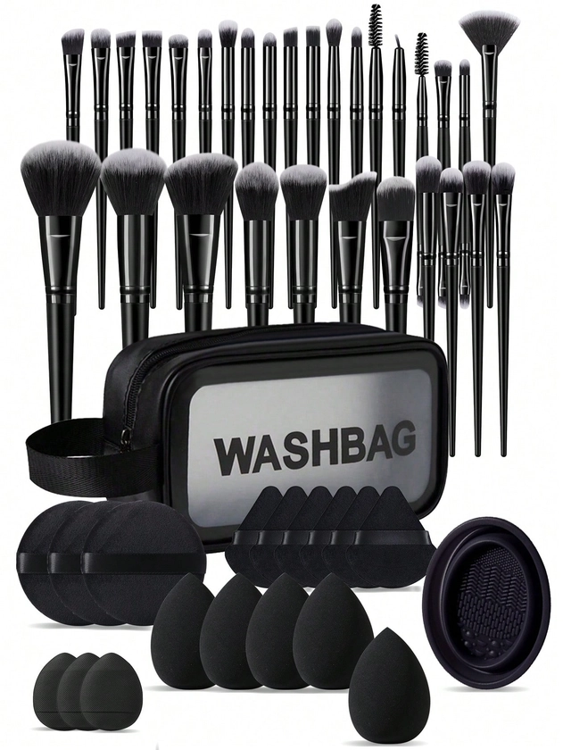 Ensemble professionnel d'outils de maquillage de 49 pièces pour les débutants comprenant 30 pinceaux de maquillage pour poudre, blush, fard à paupières, eye-liner et pinceaux de détail + 5 éponges de maquillage Œuf de beauté pour l'application de maquillage liquide + 6 éponges triangulaires pour poudre de fixation en vrac + 3 éponges pour les doigts pour dissimuler + 1 pièce sac de maquillage étanche pour le rangement + 1 pièce bol de nettoyage pour pinceaux de maquillage + 3 grandes houppettes rondes pour le teint