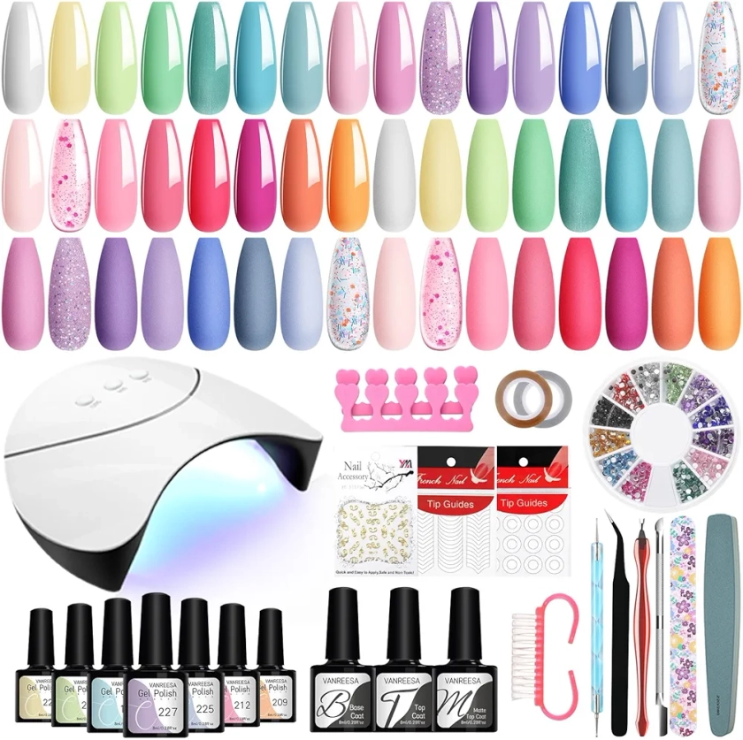 VANREESA 42 Pcs Gel Nail Polish Kit with U V Light 24 Popular Colors Gel Nail Polish Set Green Blue Purple Pink Orange Complete Gel Nail Kit with Manicure Tools Gifts for Women DIY at Home