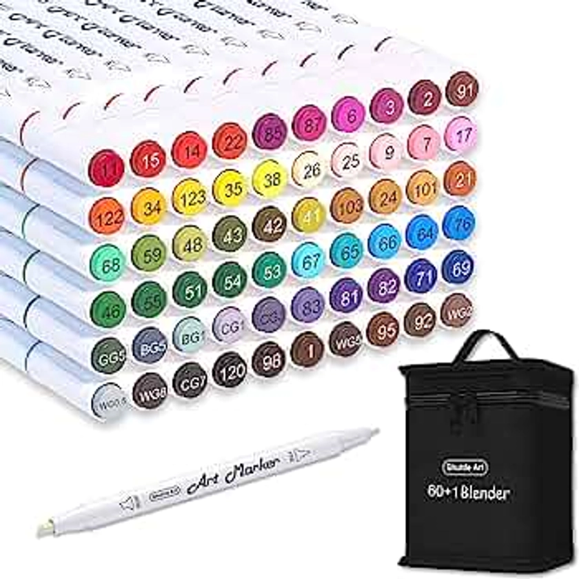 Shuttle Art 61 Colors Dual Tip Art Markers, 60 Colors plus 1 Blender Permanent Marker Pens Highlighters with Case Perfect for Illustration Adult Coloring Sketching and Card Making