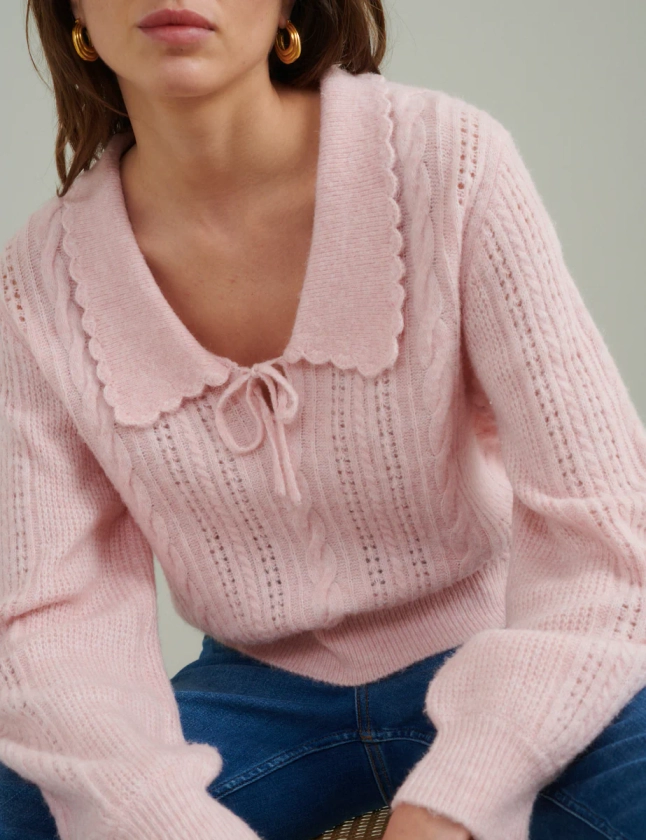 Pink Collar Pointelle Wool Blend Knitted Jumper