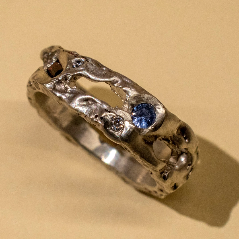 Silver Textured Treasure Chunky Band - garnet, white diamonds & sapphire