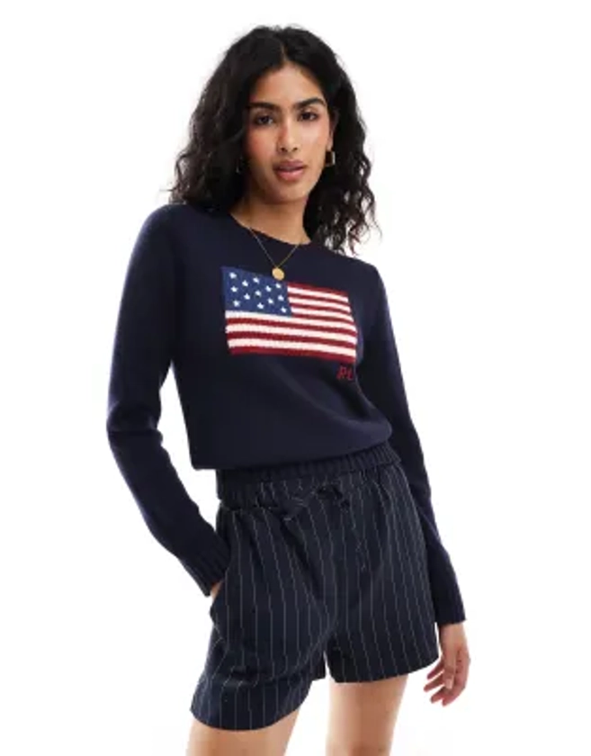 Polo Ralph Lauren - Pull en maille à logo drapeau - Bleu marine | ASOS