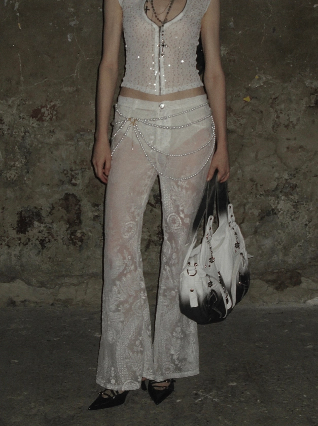 Velvet-flocked Semi-sheer Trousers /White