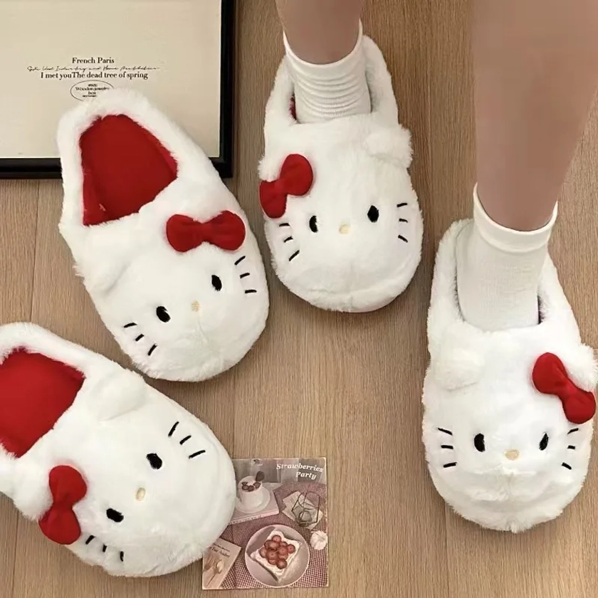 Sanurgente-Pantoufles en peluche Kawaii pour filles, Hello Kittile, mignonnes, douces, rembourrées, chambre à coucher, chaussures pour adultes, Noël, automne, hiver - AliExpress 1501