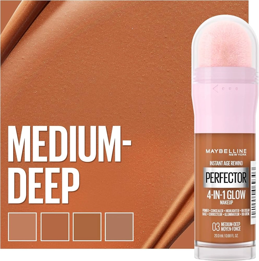 Maybelline New-York - Perfecteur de Teint Illuminateur 4-en-1 - Base/Correcteur/BB Crème/Enlumineur - Fond de Teint Instant Glow Perfector 4-in-1 - Teinte : Medium Deep (03) - 20 ml