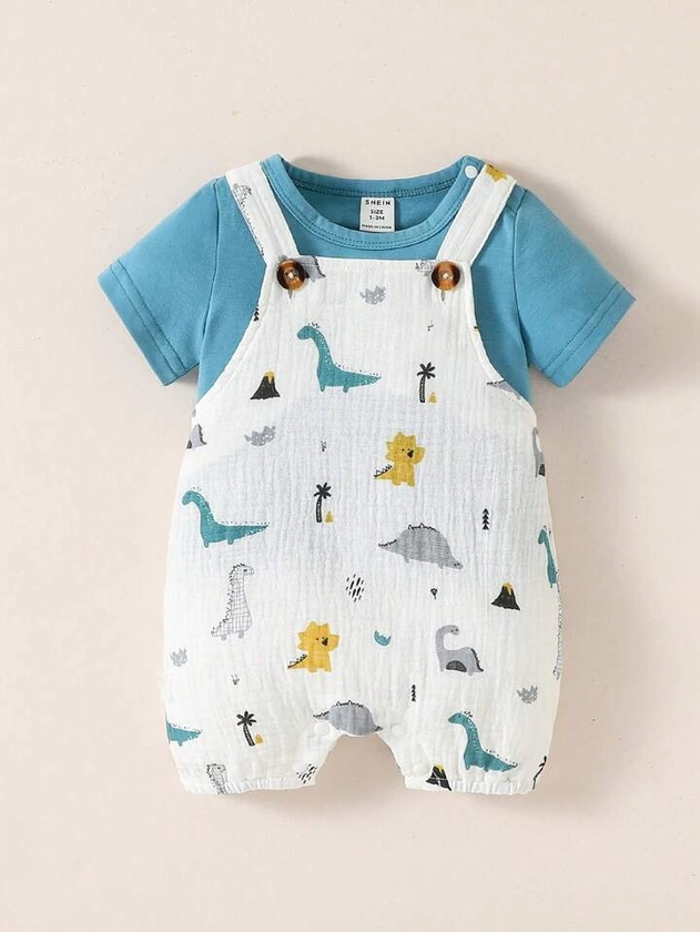 SHEIN Baby Boy Button Detail Tee & Dinosaur Print Overall Romper Set